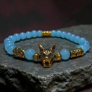 Handmade Gold Wolf & Blue Agate Gemstone Bracelet.